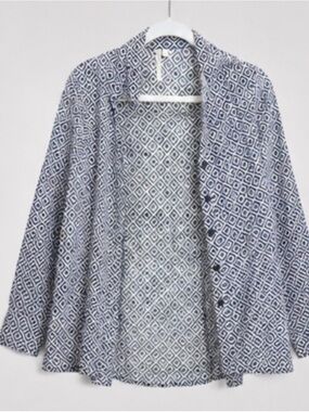 grand & greene Navy and White Geometric Open-Front Blazer